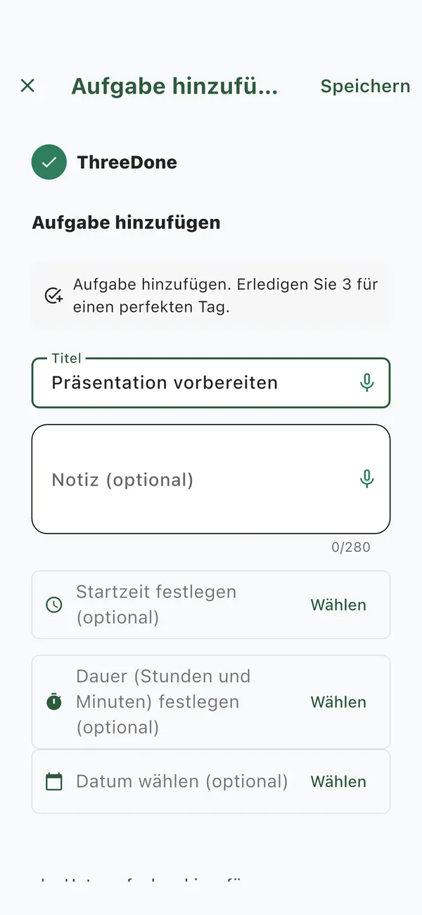 ThreeDone Bildschirm zum Hinzufügen einer Aufgabe