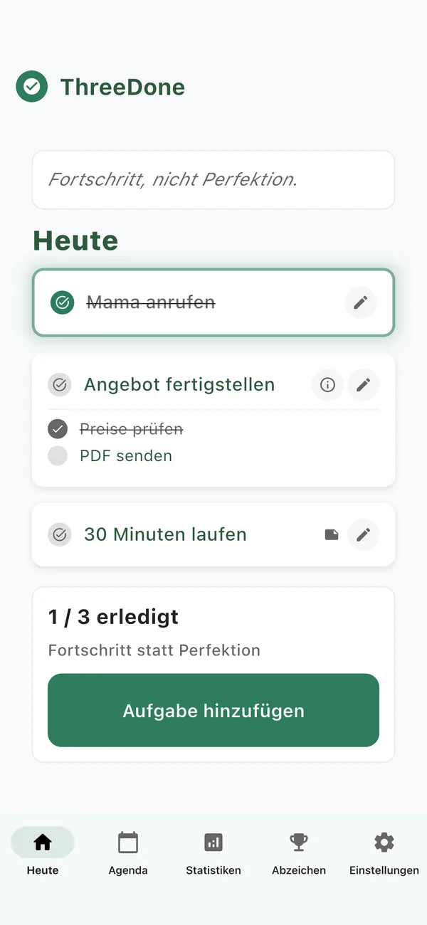 ThreeDone App: der Bildschirm Heute mit drei Aufgaben