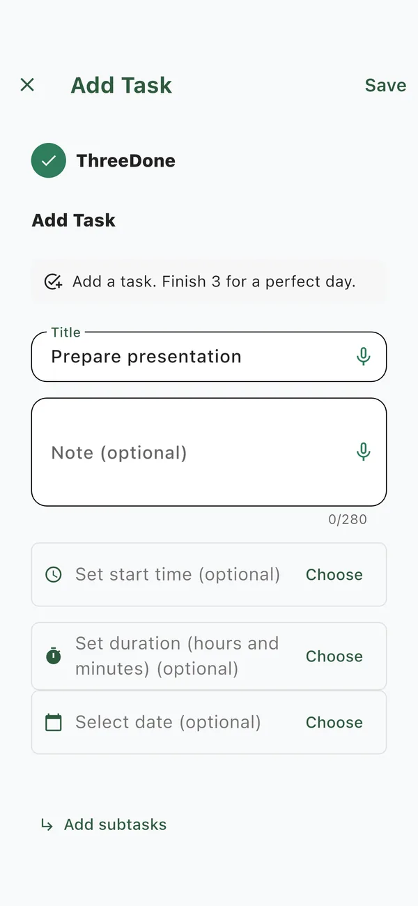 ThreeDone screen for adding a task