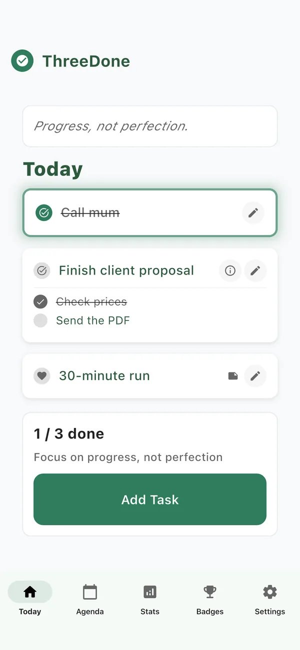 ThreeDone app: the Today screen with three tasks