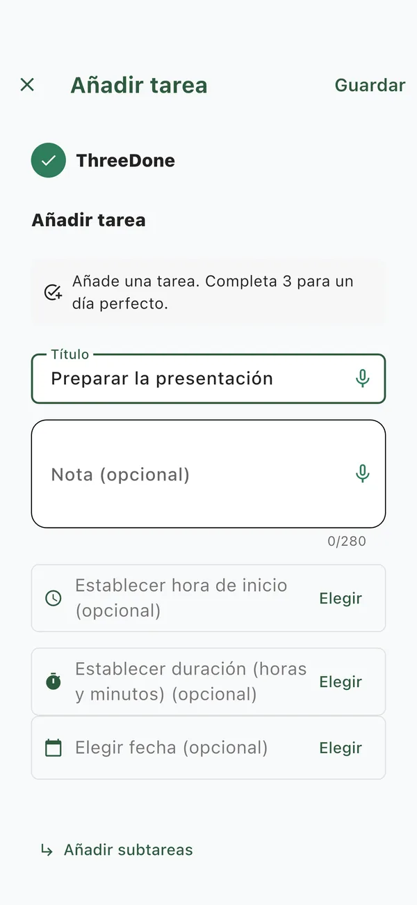 Pantalla de ThreeDone para añadir una tarea