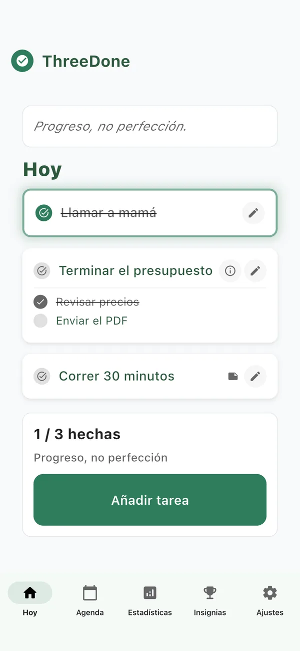 App ThreeDone: la pantalla Hoy con tres tareas