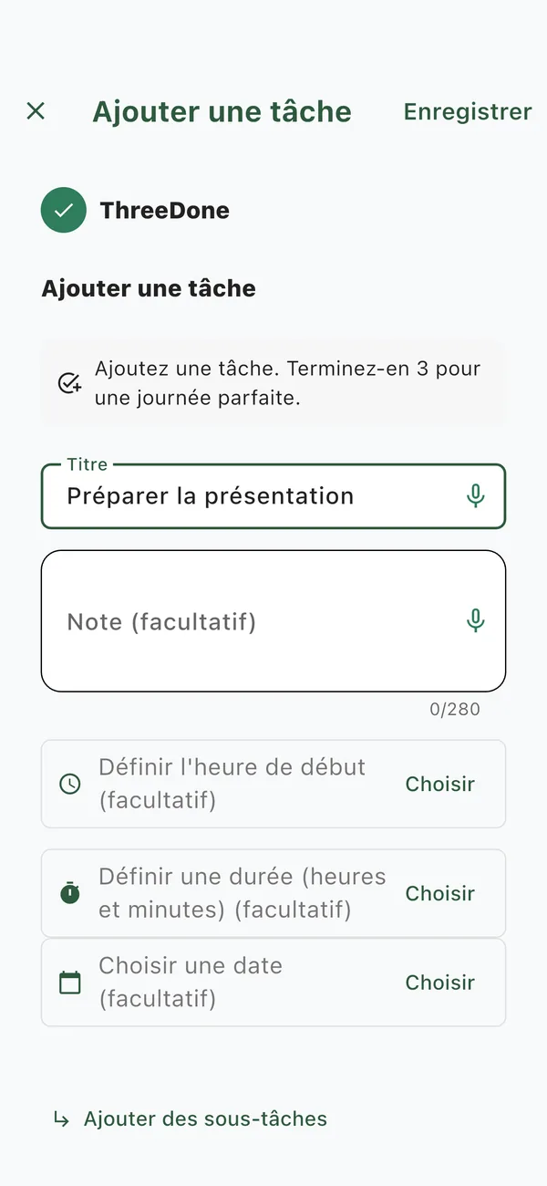 Écran ThreeDone pour ajouter une tâche