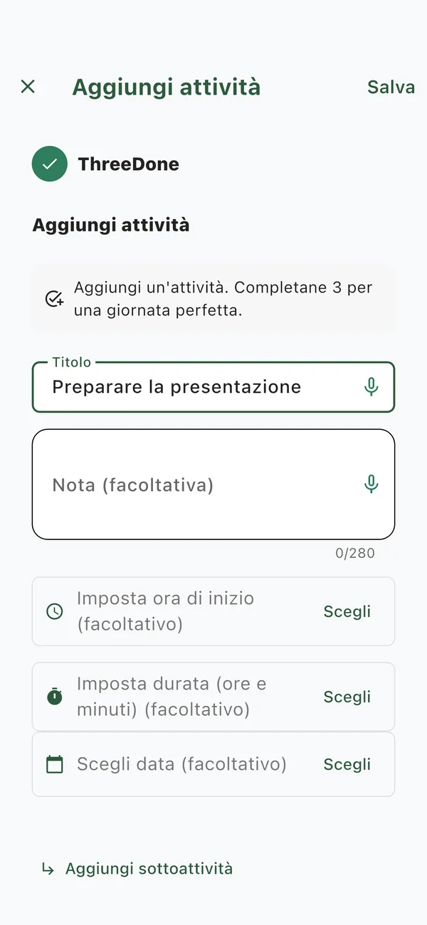Schermata di ThreeDone per aggiungere un’attività