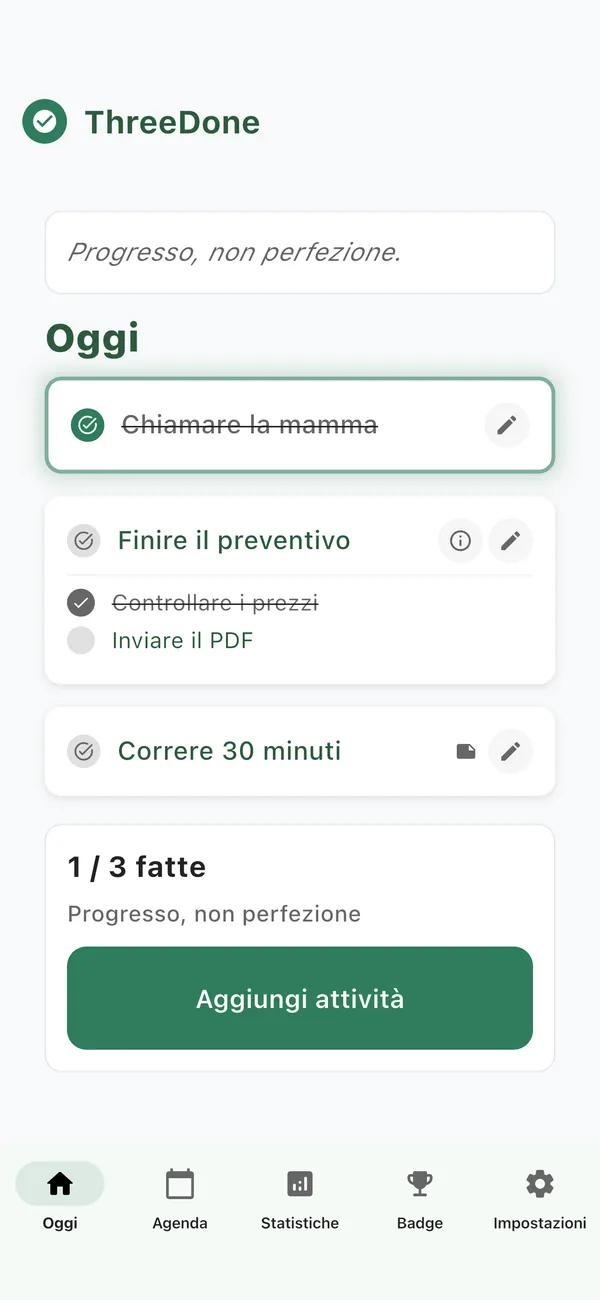 App ThreeDone: la schermata Oggi con tre attività