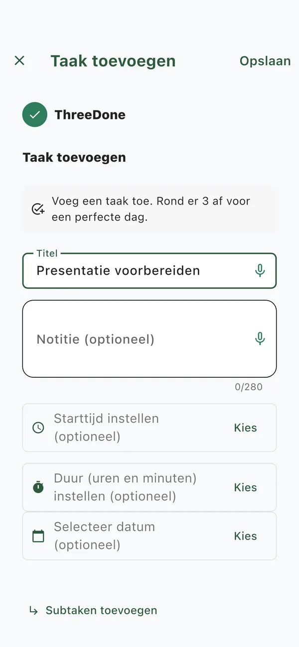 ThreeDone scherm om een taak toe te voegen