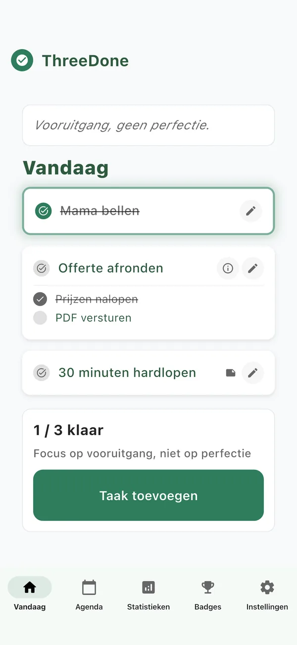 ThreeDone app: het scherm Vandaag met drie taken