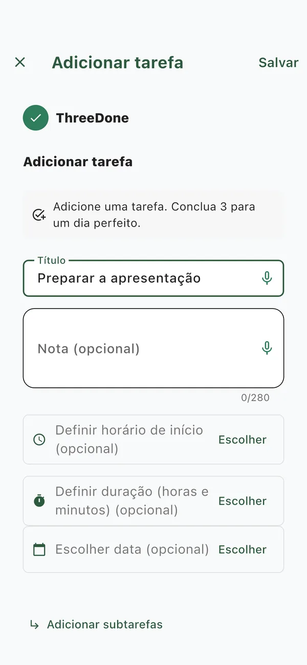 Tela do ThreeDone para adicionar uma tarefa