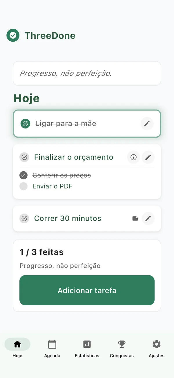 App ThreeDone: a tela Hoje com três tarefas